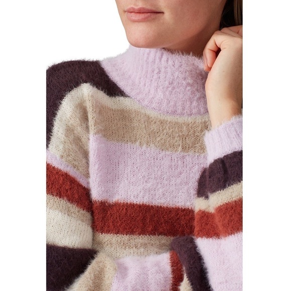 LOUNA Cropped Striped Fuzzy Knit High Mock Neck Long Balloon Sleeves Sweater XL - Picture 2 of 10